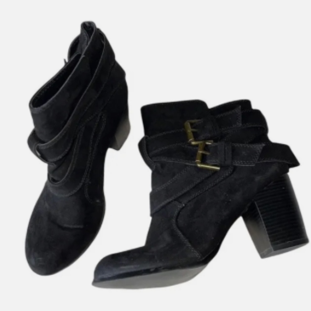 American Eagle Black Gypsy Boho Strappy Faux Suede Heeled Buckle Boot Bootie 5.5